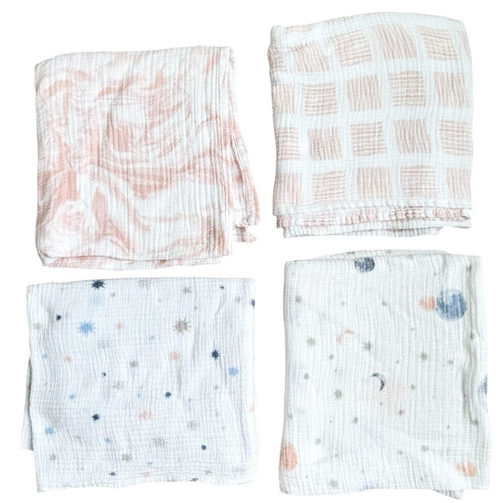 Aden + Anais Essentials Bundle of 4 Cotton Pink Pattern Celestial Baby Blankets.